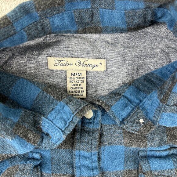 TAILOR VINTAGE Mens Flannel Shirt Blue Plaid Size Medium Long Sleeve Button Up - Picture 2 of 5